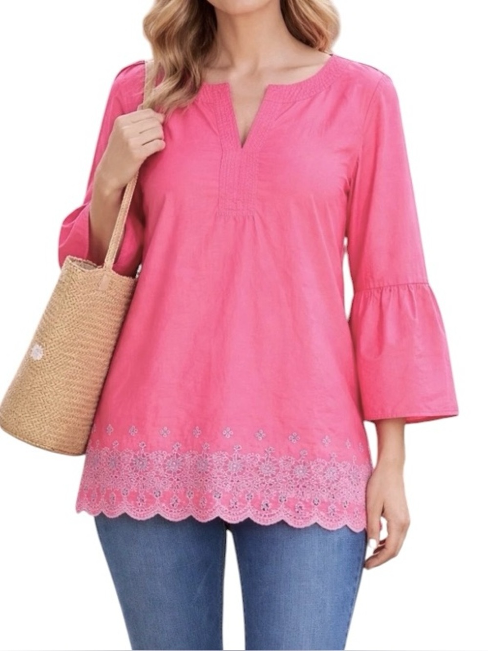 Talbots Eyelet trim Lightweight Tunic Top Pink Cotton 3/4 bell Sleeves Size M